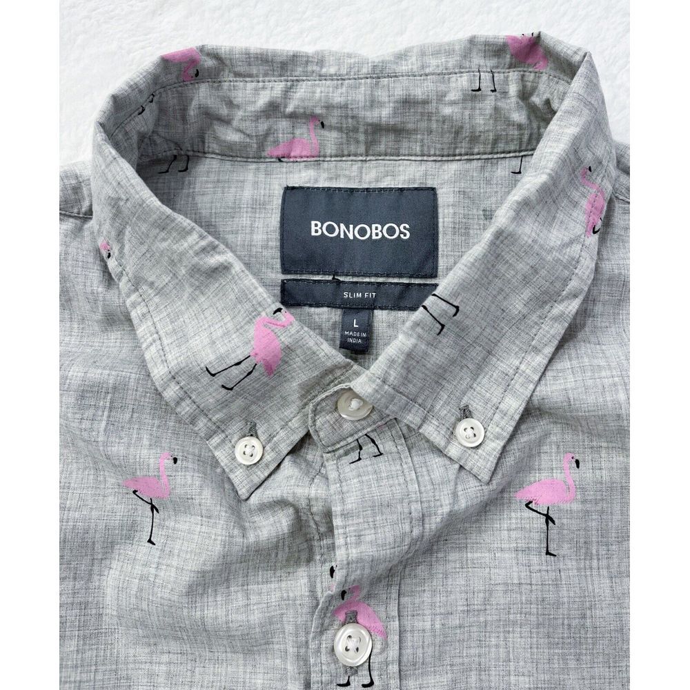 Bonobos Shirt Mens Large Slim Gray Pink Flamingo‎ Button Up Long Sleeve Casual L